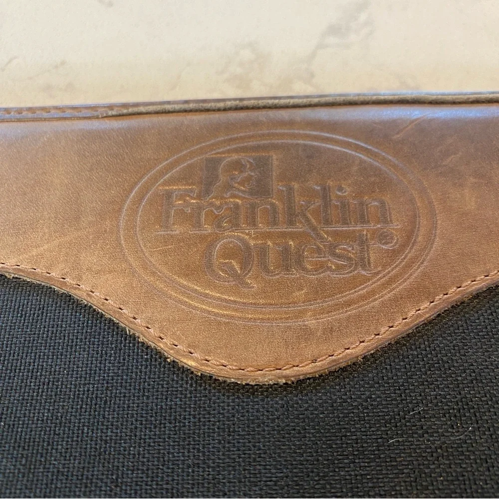 Franklin Quest Vintage Zip Planner Green Line Leather Trim & Canvas Zip Inserts